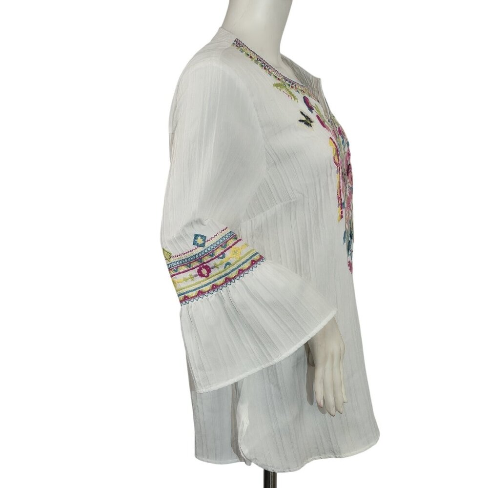 Calessa Women's Tunic Size L White  Embroidered Multicolor 3/4 Sleeve Top (53) - Picture 3 of 12